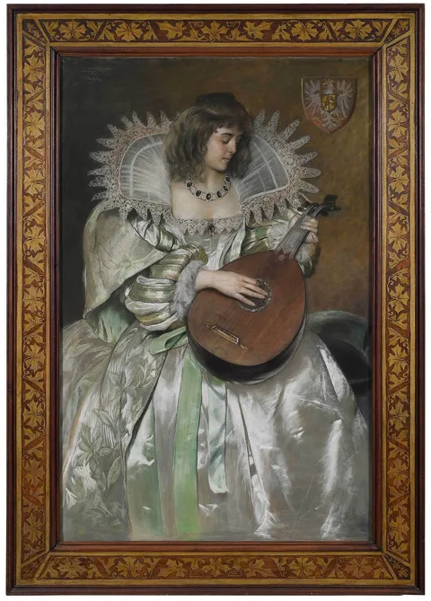 Christian Wilhelm Allers, Pre-Raphaelite Portrait of a Woman in Elizabethan Style White Gown Playing a Mandolin, pastel on fabric wrapped around paperboard