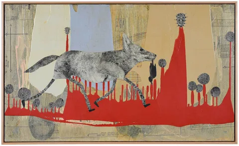 Holly Roberts, Coyote with Thistles, 2012, unique pigment print collaged and painted with mixed media on panel