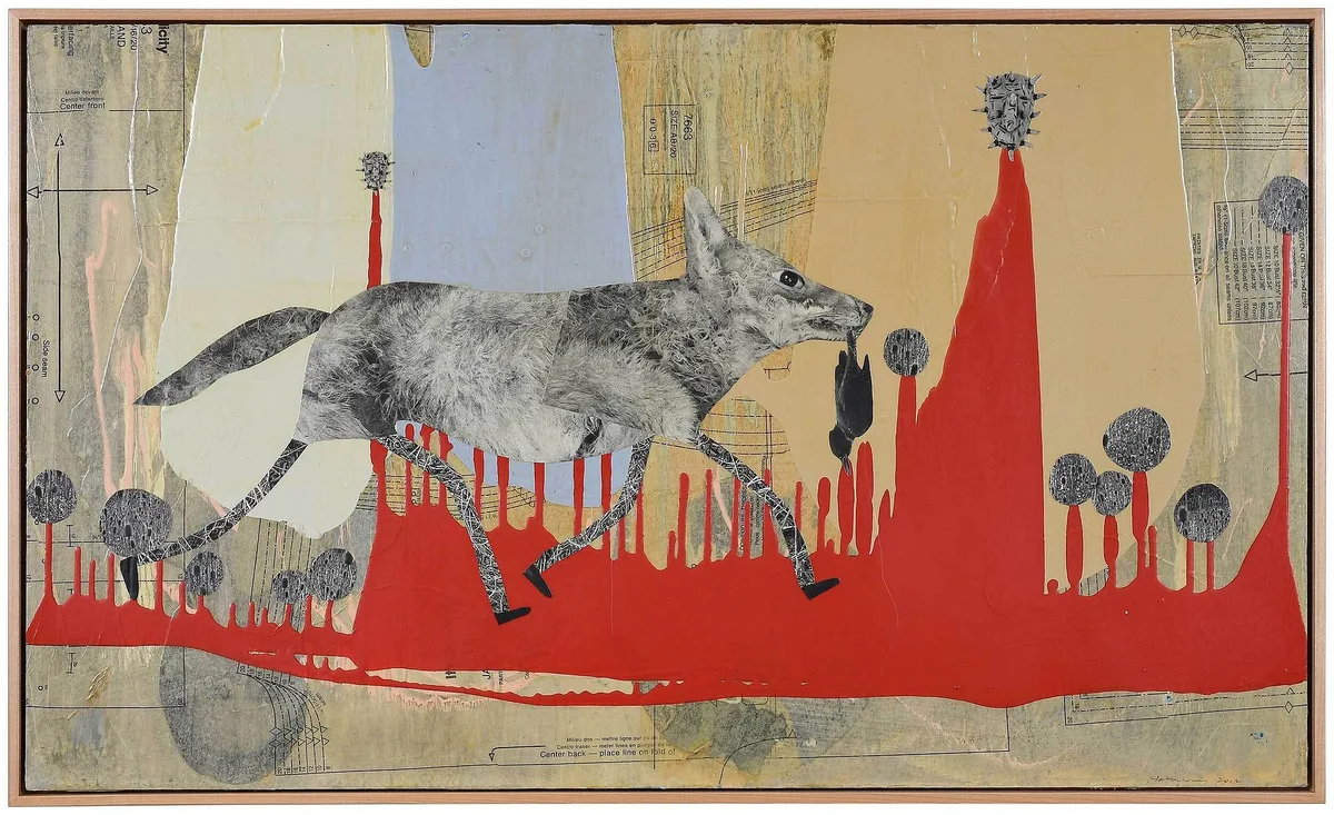 Holly Roberts, Coyote with Thistles, 2012, unique pigment print collaged and painted with mixed media on panel