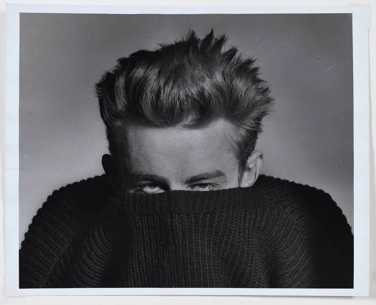 James Dean (pullover sweater) by Phil Stern, 1955, gelatin silver print, sold Oct 2022