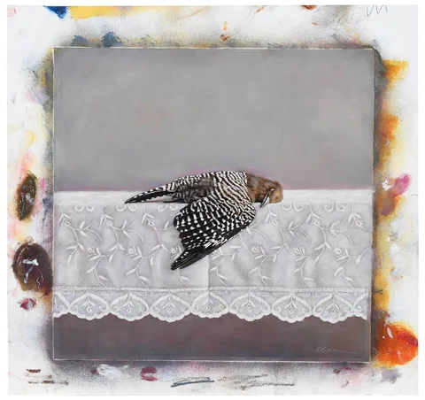 Kate Breakey, Woodpecker on a Tablecloth, 2008, gelatin silver print with oil paint on paper