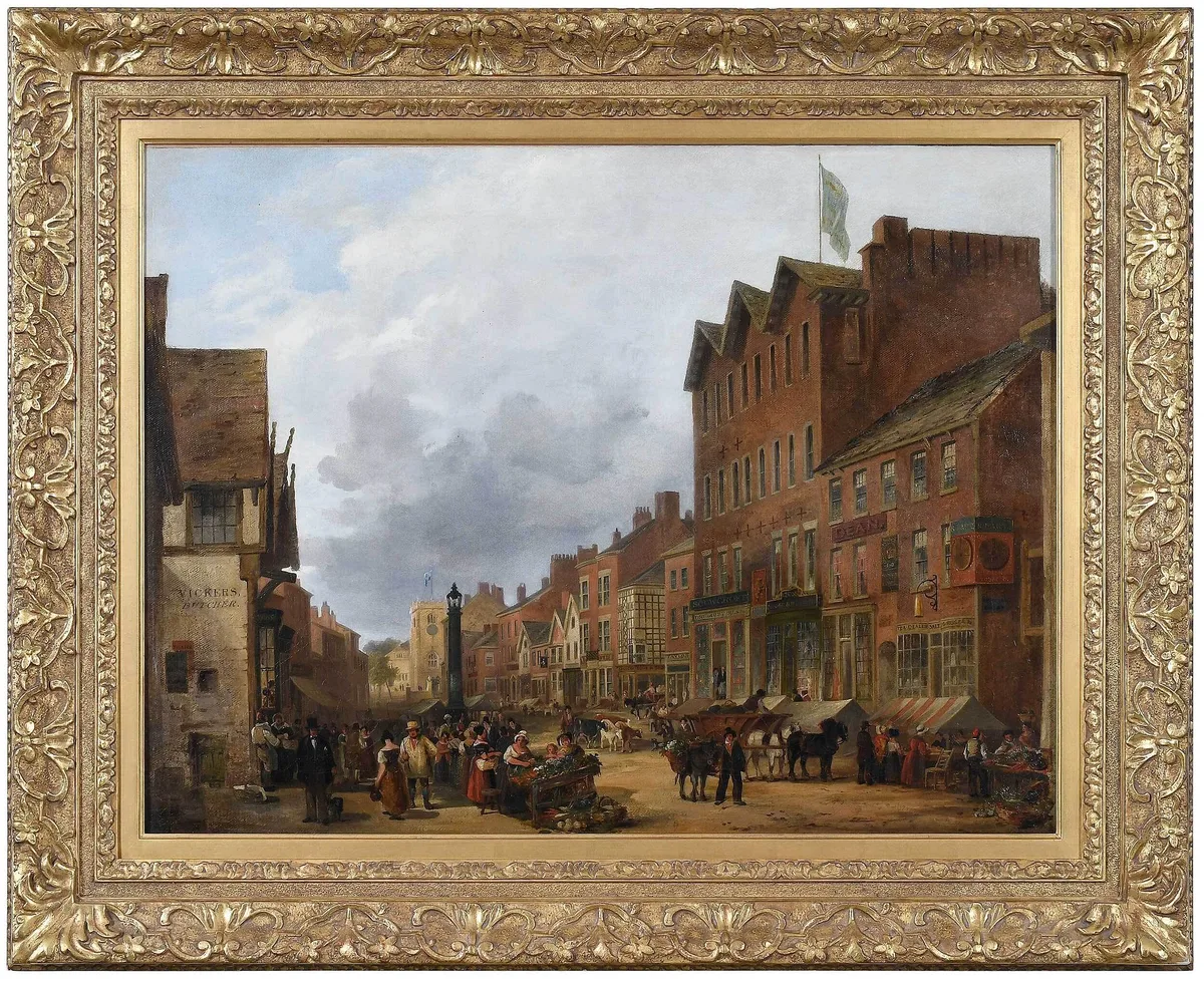 Selim Rothwell, Town square with a Busy Market, oil on canvas