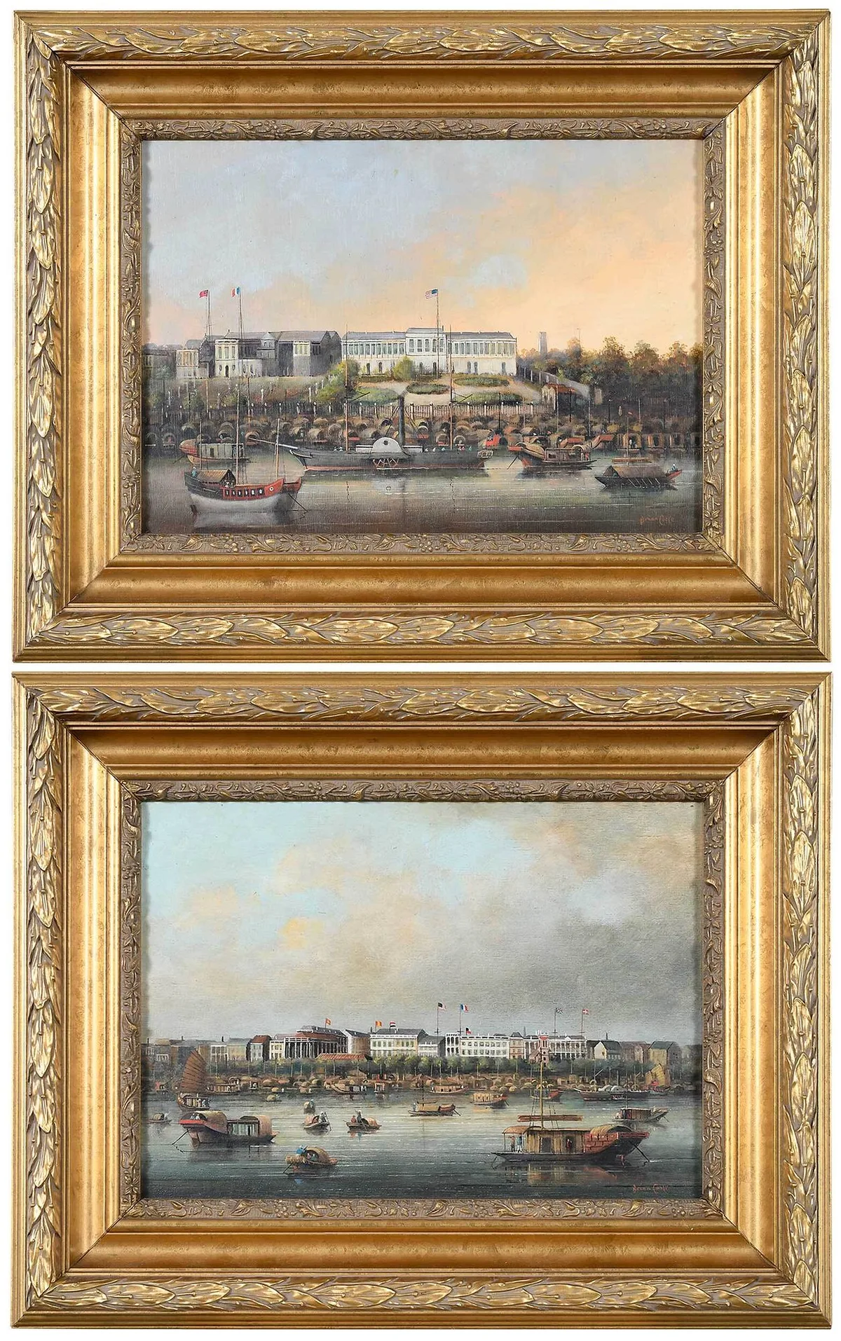 Brian Coole, Two China Trade style paintings: View of the Hongs, Canton, possibly after Lam Qua Studio, oil on plywood