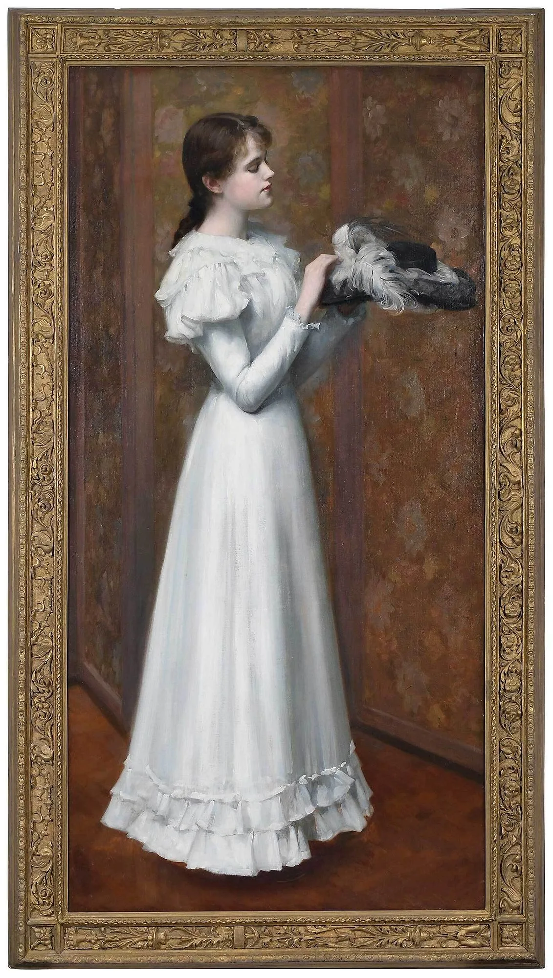 William Mainwaring Palin, Young Woman in White Dress, holding a black hat with a white plume, oil on canvas