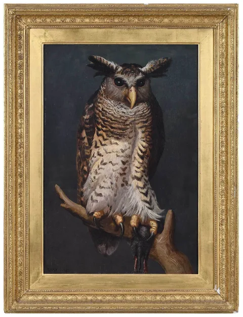 Ernest Henri Griset, Great Horned Owl on a Branch, oil on canvas
