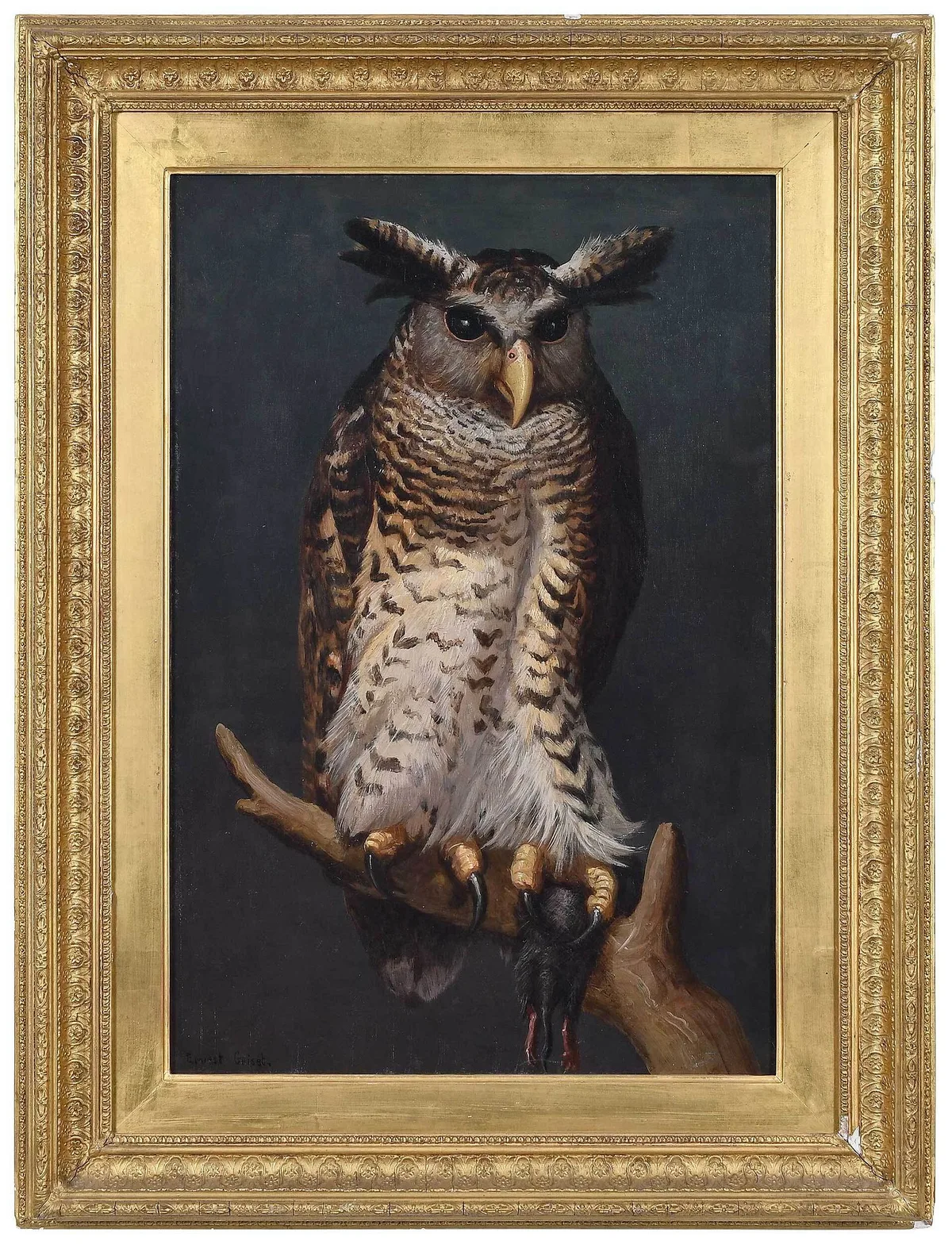 Great Horned Owl on a Branch by Ernest Henri Griset, oil on canvas, sold Sep 2022