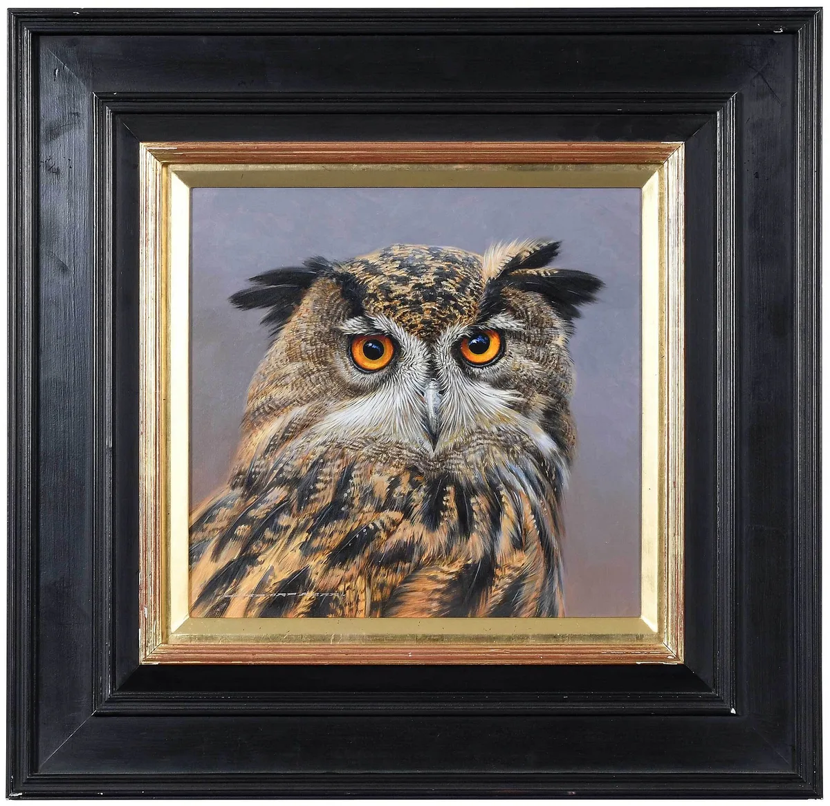 Eurasian Eagle Owl by David Ord Kerr, oil on panel, sold Sep 2022