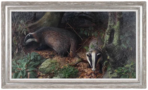 Raymond C. Booth, Badgers in Adel Wood, 1982, oil on Masonite