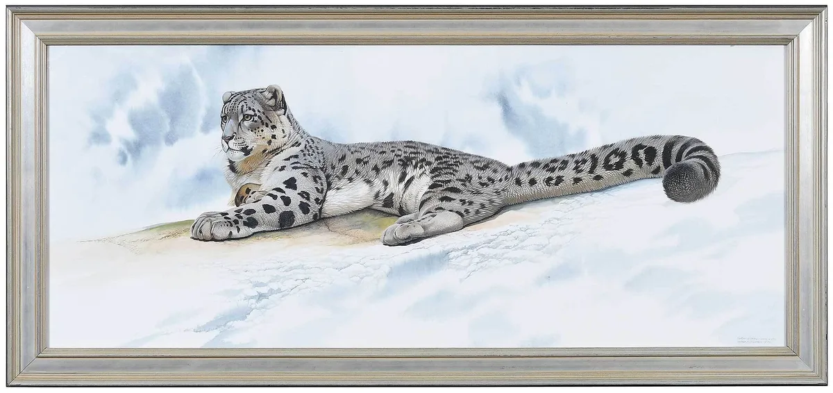 Snow Leopard Uncia uncia by Peter Schouten, 2001, watercolor on paper, offered Sep 2022