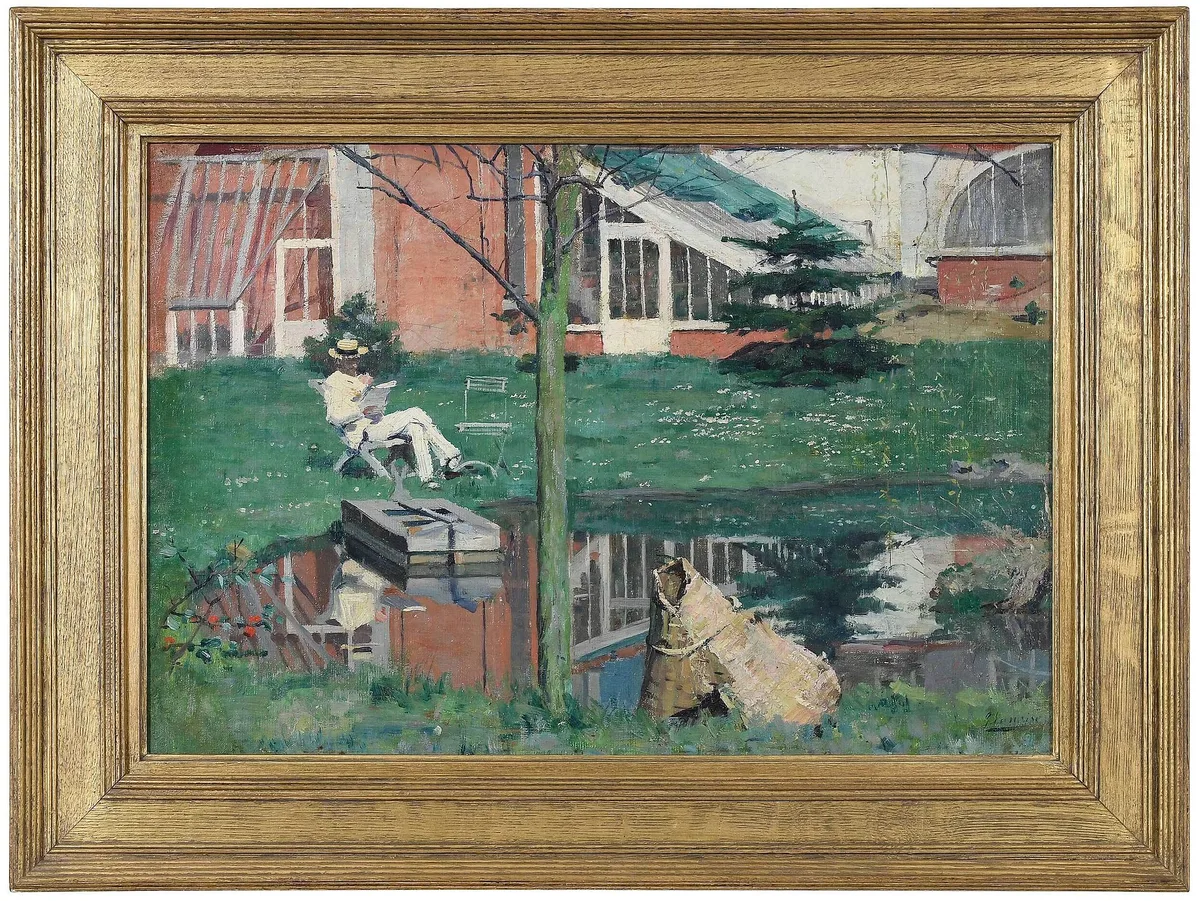 Gustaaf Vanaise, Reading by a Pond, oil on linen