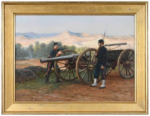 Military scene of Two Artillery Soldiers with Canon by Étienne-Prosper Berne-Bellecour, oil on panel, sold Sep 2022