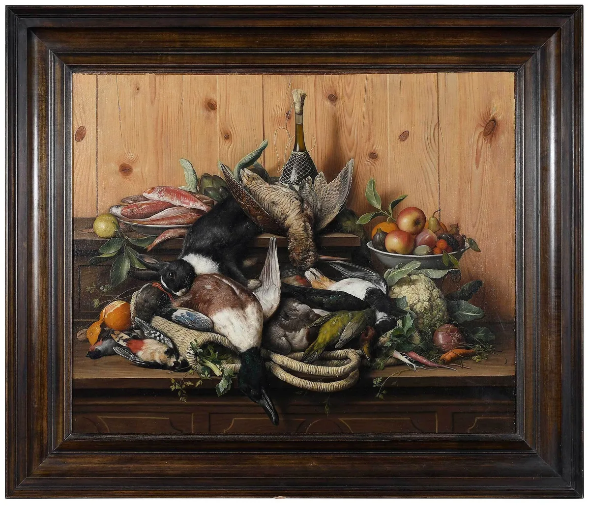 Giovanni Etienne, Nature Morte with Gamebirds, Fish, and Fruit, 1875, oil on canvas