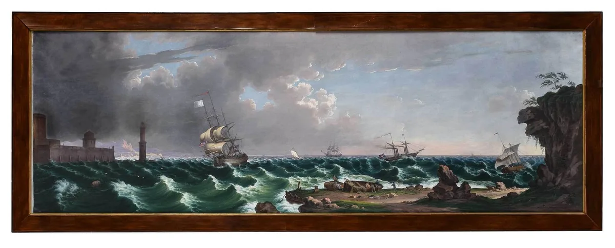 Giuseppe Canella, Monumental Panoramic View of a Port with Shipping and Fishing Boats on Choppy Seas, circa 1830s, gouache on paper on canvas