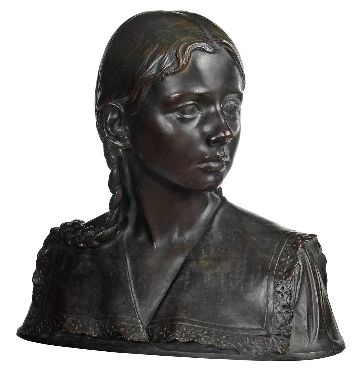 Adolf Sautter, Bust of a Girl in Braids, patinated bronze
