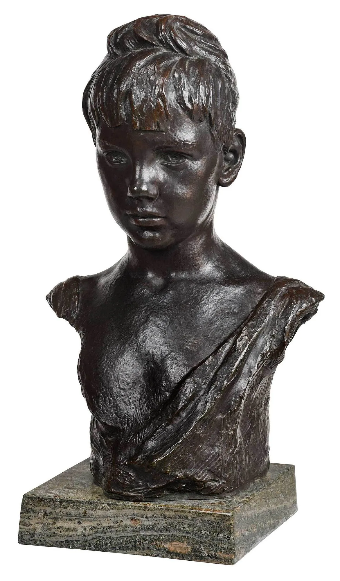 Erica Lee, Bust of a Girl Wearing Hair in a Bun, patinated bronze on a marble base