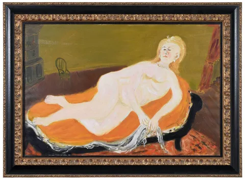 Olympia, reclining on a black recamier by Nikolai Ivanovich Vasilieff, oil on canvas, sold Sep 2022