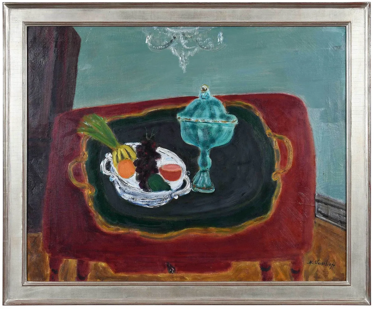 Red Table by Nikolai Ivanovich Vasilieff, oil on canvas, sold Sep 2022