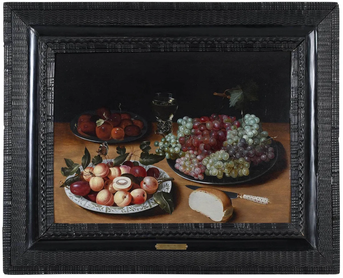 Osias Beert, Still Life with Fruit on Pewter Platters and Kraak Dish, circa 1605-1615, oil on canvas