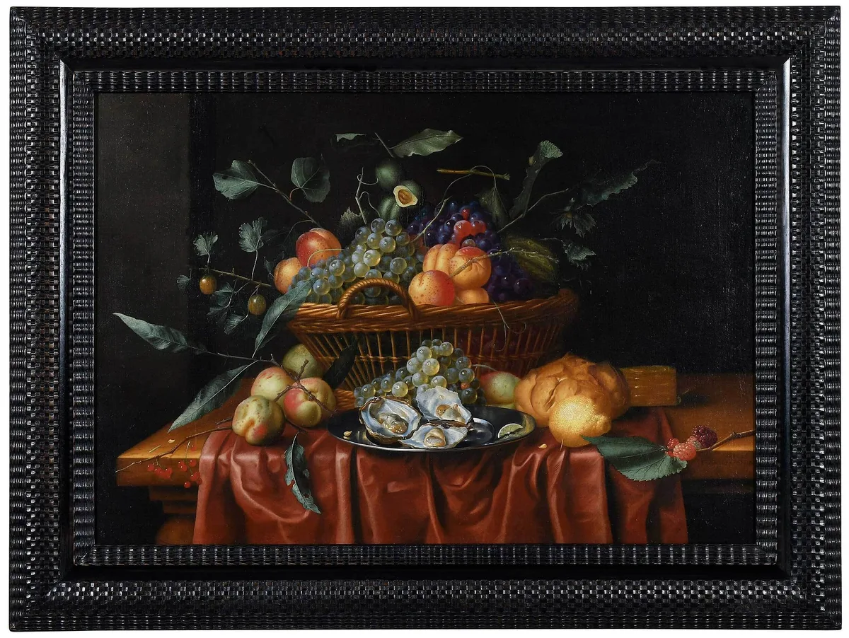 Theodor van Aenvack, Table Top with a Silver Plate of Oysters, Fruit, and Bread, 1654, oil on canvas