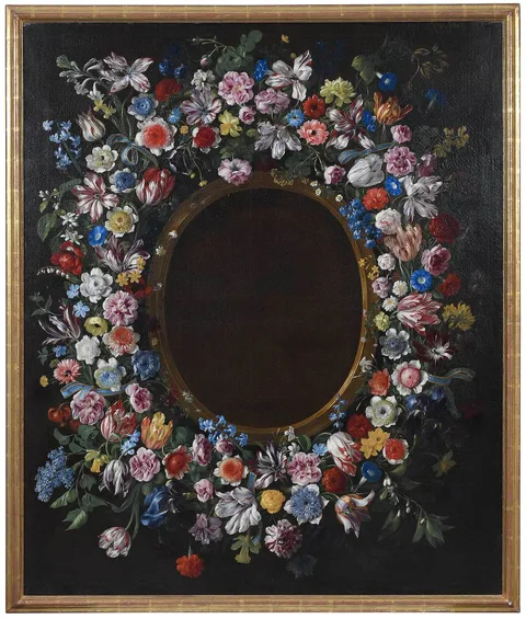 Giovanni Stanchi Dei Fiori, Spring Flowers, including tulips, narcissus, hyacinths, roses and others entwined with a blue ribbon, oil on canvas