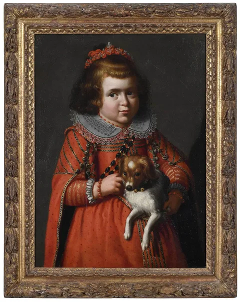 Carlo Ceresa, Young Girl in Elegant Clothing, Jewelry, and Holding a Dog, circa 1640, oil on canvas