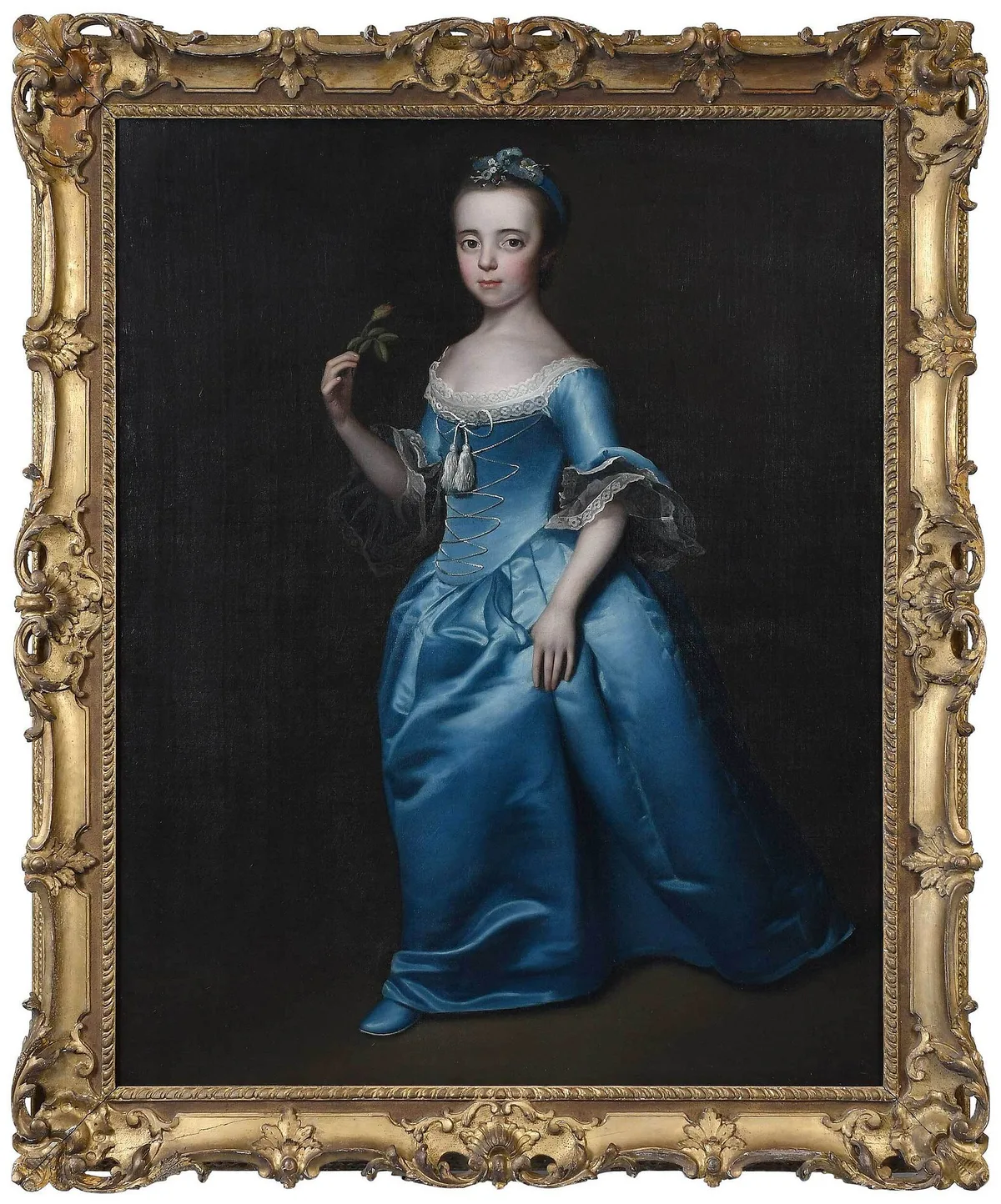 Henry Pickering, Girl in a Blue Satin Gown and Holding a Rose, oil on canvas