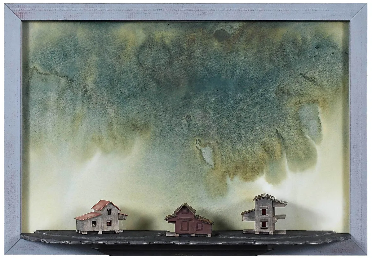 Dolph Smith Mixed Media Assemblage, Japanese Landscape with Three Houses, circa 2010, mixed media construction