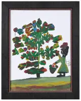 Clementine Hunter, Apple Picking and a photo of the artist with this work