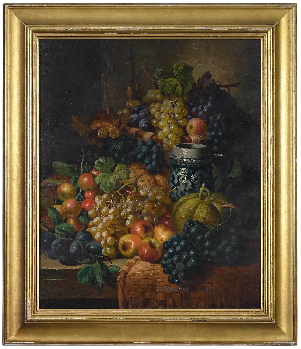 Charles Thomas Bale, Still Life with Fruit on a Wood Ledge with Stein and Basket, oil on canvas