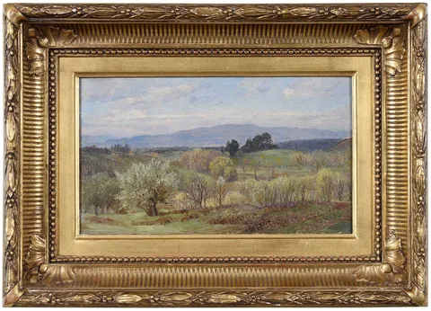 William Trost Richards, Landscape at Canaan, Connecticut, oil on board