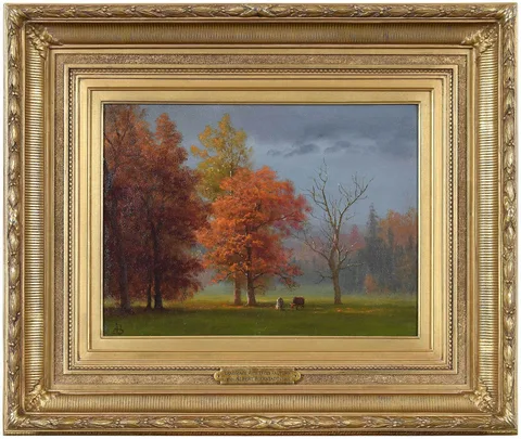 Albert Bierstadt, Landscape with Trees, Autumn, oil on paper on period canvas (probably by artist)