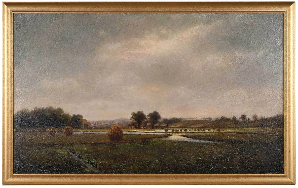 Dedham Marsh Scene with Haystacks by Massachusetts Marshes, oil on canvas, sold Sep 2022