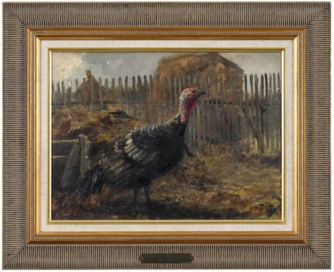 Charles Henry Miller, Turkey in the Barnyard, oil on canvasboard