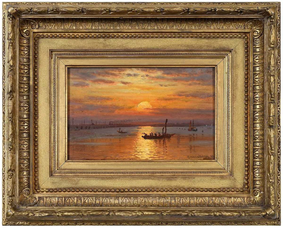 The Setting Sun by John Joseph Enneking, 1877, oil on panel, sold Sep 2022
