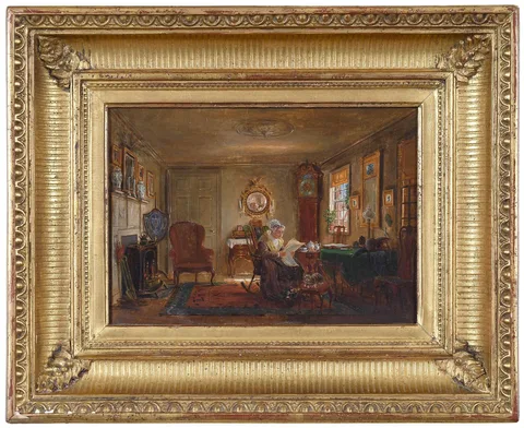 Edward Lamson Henry, The Sitting Room, pencil inscription board verso "The old back sitting room....?Phila Quaker..."
