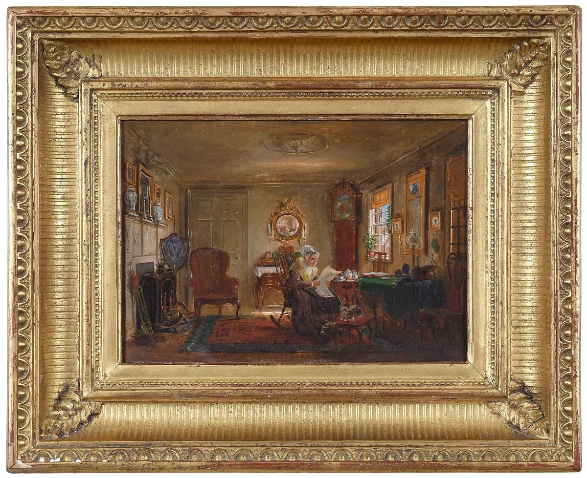 Edward Lamson Henry, The Sitting Room, pencil inscription board verso "The old back sitting room....?Phila Quaker..."
