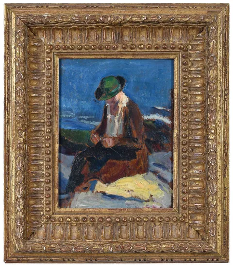 Bernhard Gutmann, Bertha Knitting, Monhegan Island, oil on panel
