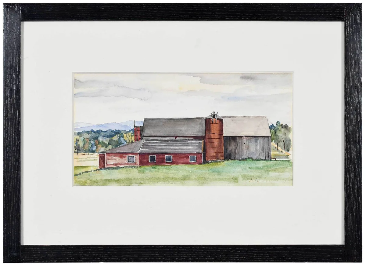 Red and Gray Barns by Luigi Lucioni, 1935, watercolor on paper, sold Sep 2022