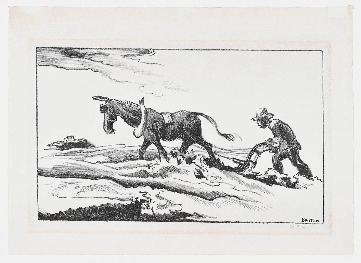 Plowing It Under by Thomas Hart Benton, 1934, lithograph on paper, sold Sep 2022