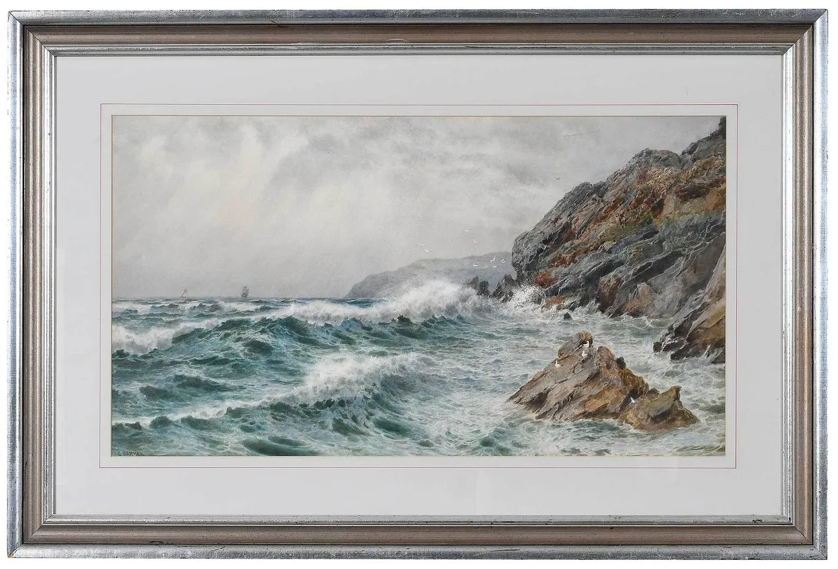 Shipping off the Coast by George Barker, watercolor on paper, sold Sep 2022