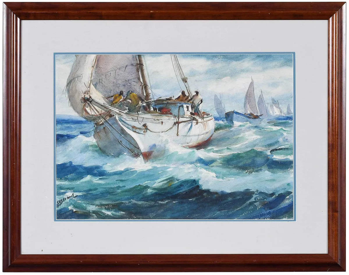 Pulling in the Jib by James Sessions, watercolor on watercolor board, sold Sep 2022
