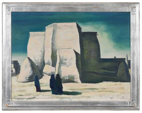 Ranchos de Taos Church by Emil Bisttram, 1956, oil on canvas, sold Sep 2022