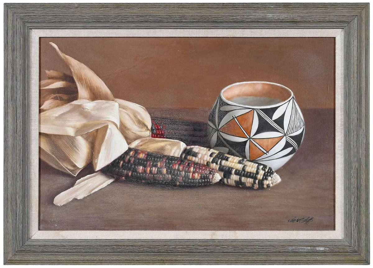Corn and Acoma by William Acheff, oil on canvas, sold Sep 2022