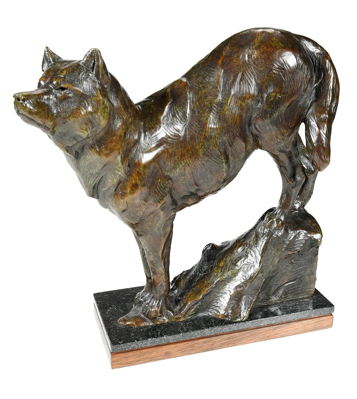 Dan Ostermiller, Wolf, 1993, patinated bronze with wood and marble base