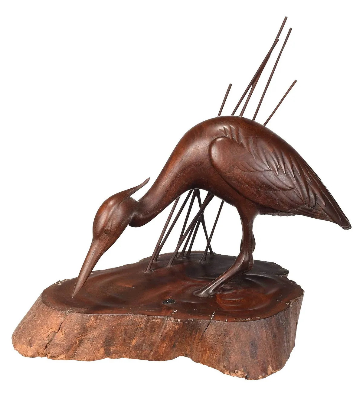 John T. Sharp Carving, Heron Fishing, 1979, carved cherry wood