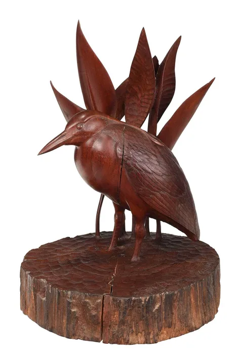 John T. Sharp Carving, Heron in a Marsh, carved cherry