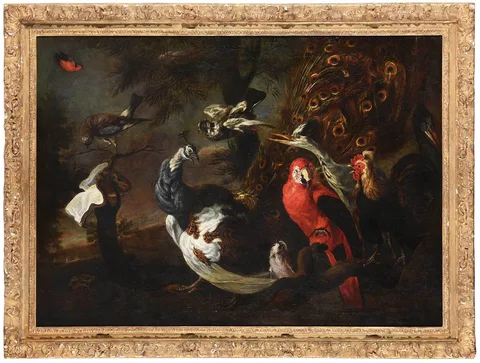 Joannes Fijt, Concert of Birds, including a peacock, parrot, cockerel, hawk, herons and others, circa 1650-1680, oil on canvas
