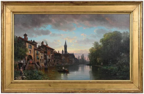 Charles Kuwasseg, View of a Canal in Waning Light, oil on canvas