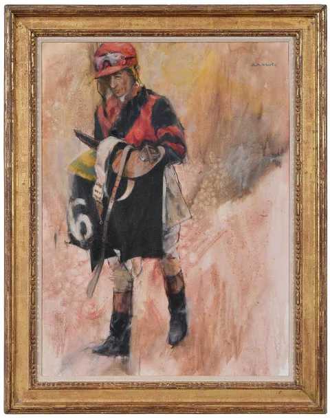 Henry Koehler, Arcard Going to the Scales (Colors of Cambridge Stable). 1964, oil on canvas