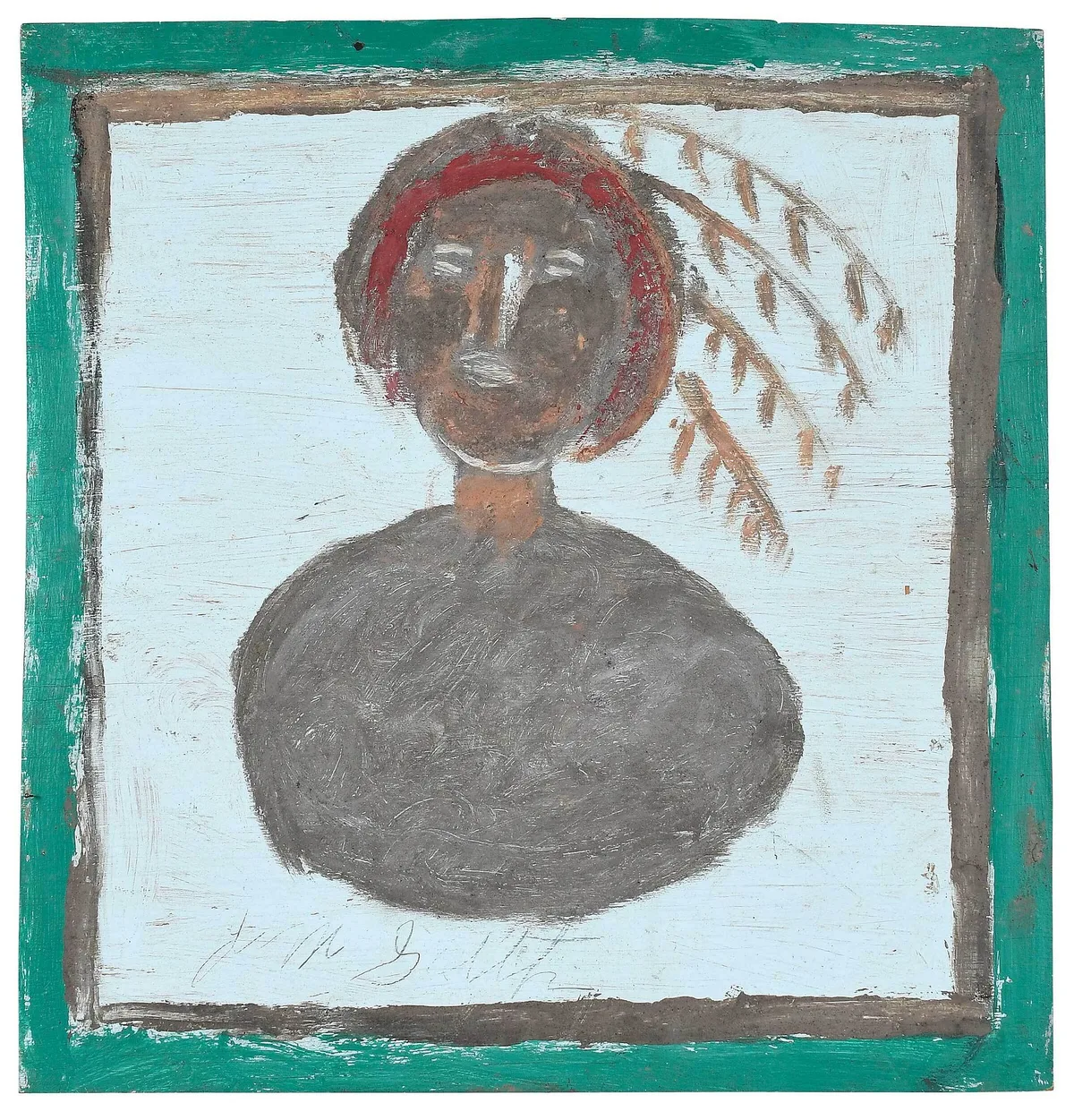Jimmy Lee Sudduth, Woman with Indian Headdress, oil and earth on board